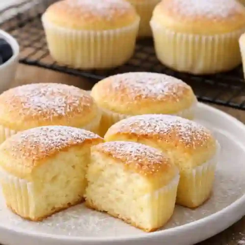 A plate of fluffy Japanese cotton cheesecake cupcakes, with a few cupcakes cut in half to reveal their soft texture. Fresh strawberries and blueberries are in the background.