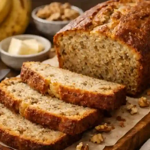 A freshly baked banana loaf, sliced to reveal its moist interior, surrounded by bananas, walnuts, and a pat of butter on a wooden cutting board.