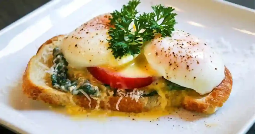 Toasted sourdough slice topped with sautéed spinach, a slice of tomato, two perfectly poached eggs, drizzled hollandaise and a parsley garnish.