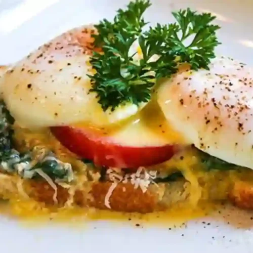 Toasted sourdough slice topped with sautéed spinach, a slice of tomato, two perfectly poached eggs, drizzled hollandaise and a parsley garnish.