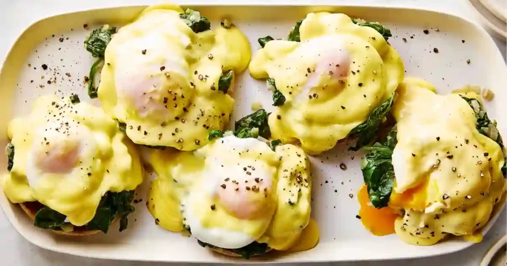 Four sourdough rounds topped with sautéed spinach, poached eggs and silky hollandaise sauce, sprinkled with cracked black pepper.
