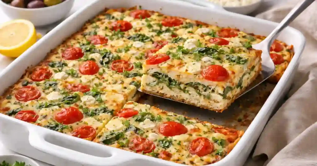 Rectangular baked egg casserole in a white dish: layers of fluffy eggs, wilted spinach, cherry tomato halves and crumbled feta, cut into square servings.