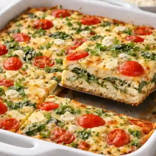 Rectangular baked egg casserole in a white dish: layers of fluffy eggs, wilted spinach, cherry tomato halves and crumbled feta, cut into square servings.