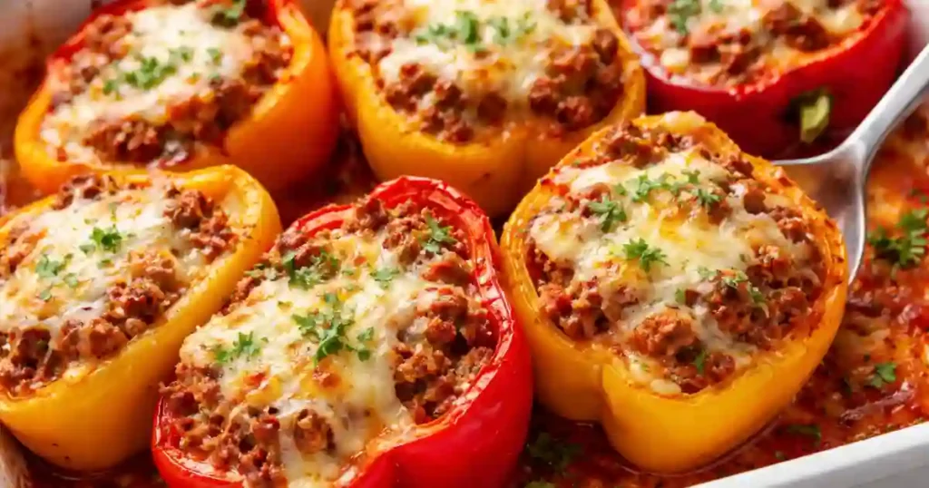 Red and yellow bell pepper halves filled with seasoned ground meat and tomato sauce, topped with melted cheese and chopped parsley in a white baking dish.