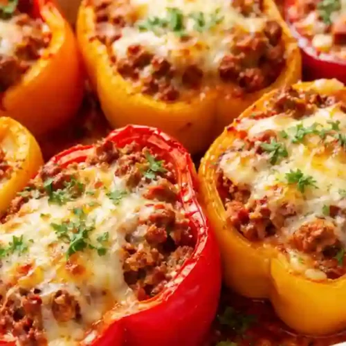 Red and yellow bell pepper halves filled with seasoned ground meat and tomato sauce, topped with melted cheese and chopped parsley in a white baking dish.