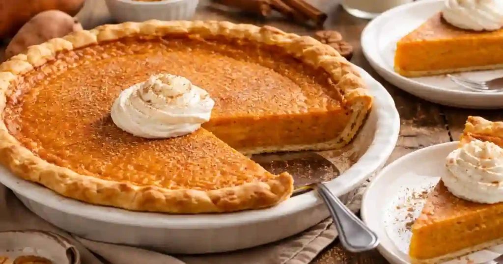 Classic southern sweet potato pie with a slice removed, topped with a dollop of whipped cream