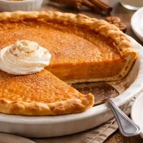Classic southern sweet potato pie with a slice removed, topped with a dollop of whipped cream