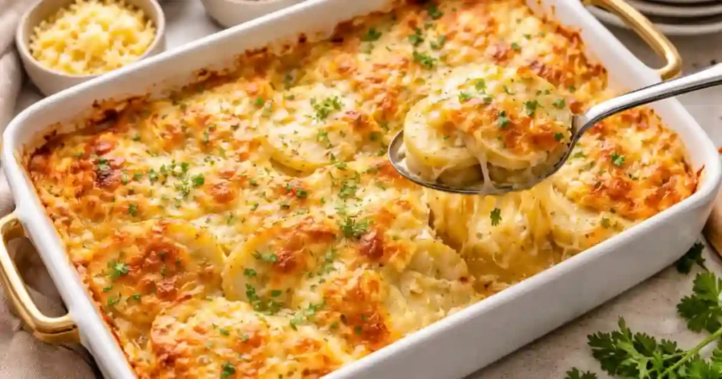 Golden baked cheesy scalloped potatoes in a white casserole dish, thin potato slices layered in a creamy cheese sauce and sprinkled with chopped parsley; a spoon lifts a melty serving