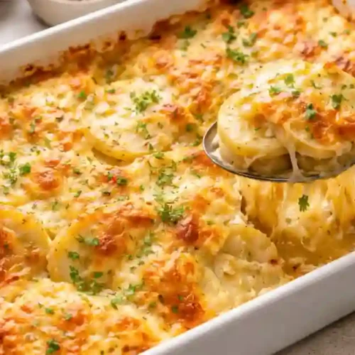 Golden baked cheesy scalloped potatoes in a white casserole dish, thin potato slices layered in a creamy cheese sauce and sprinkled with chopped parsley; a spoon lifts a melty serving