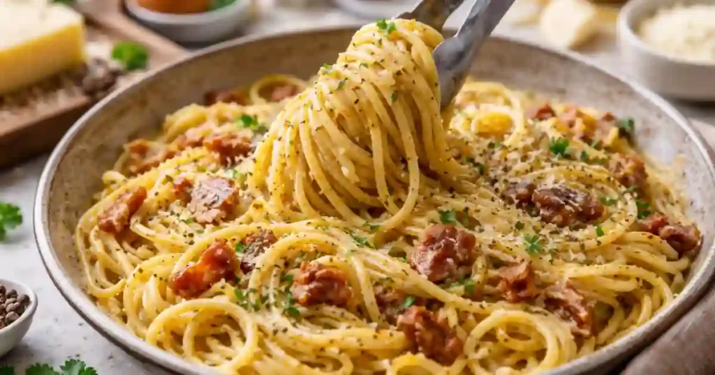 A close-up of a bowl of creamy spaghetti carbonara, topped with crispy pancetta, black pepper, and fresh parsley, with tongs lifting a portion of pasta.