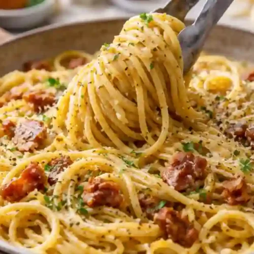 A close-up of a bowl of creamy spaghetti carbonara, topped with crispy pancetta, black pepper, and fresh parsley, with tongs lifting a portion of pasta.