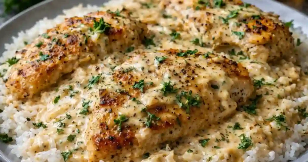 Three golden-browned chicken breasts smothered in creamy herb sauce, served over a bed of white rice and garnished with chopped parsley.