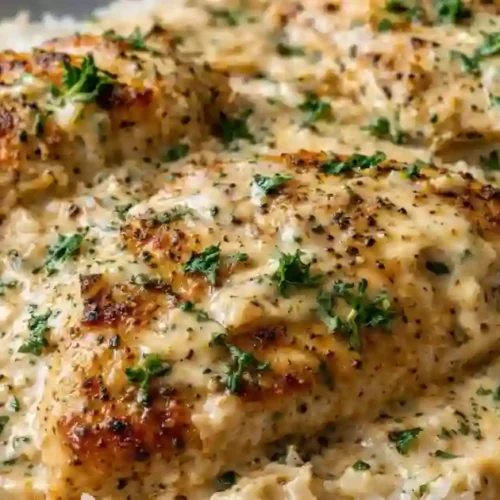 Three golden-browned chicken breasts smothered in creamy herb sauce, served over a bed of white rice and garnished with chopped parsley.