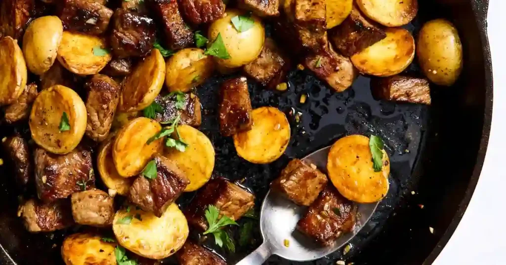 Top-down view of a cast-iron skillet filled with browned garlic butter steak bites and halved golden baby potatoes. The steak pieces are seared with a caramelized crust, the potatoes are crispy and seasoned, and small parsley leaves are scattered on top. A spoon lifts a piece of steak and a potato showing the juicy interior.