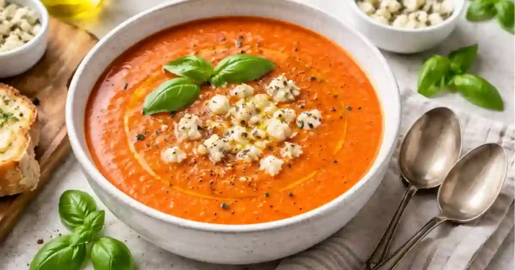 Creamy tomato soup in a white bowl, swirled with olive oil and topped with small crumbles of Gorgonzola and fresh basil leaves; crusty bread and extra cheese are visible nearby.