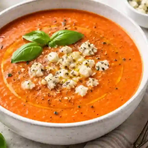 Creamy tomato soup in a white bowl, swirled with olive oil and topped with small crumbles of Gorgonzola and fresh basil leaves; crusty bread and extra cheese are visible nearby.