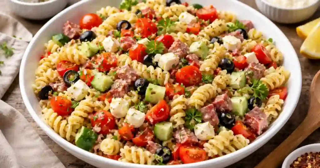 A large white bowl filled with colorful rotini pasta salad: spiraled pasta tossed with halved cherry tomatoes, cucumber chunks, black olive slices, cubed salami, and small cubes of feta cheese, all lightly coated in herb vinaigrette and garnished with fresh parsley.