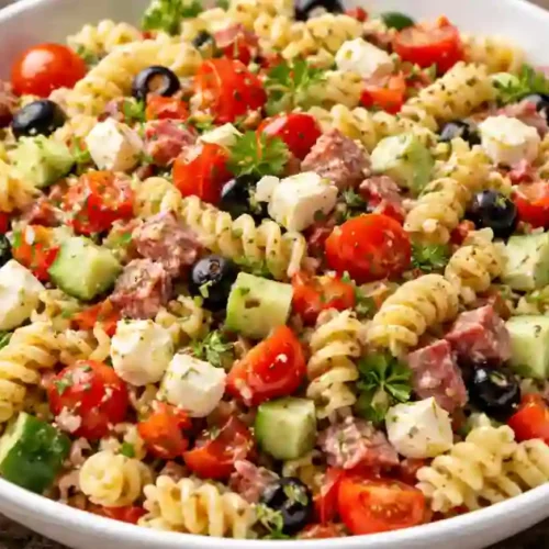 A large white bowl filled with colorful rotini pasta salad: spiraled pasta tossed with halved cherry tomatoes, cucumber chunks, black olive slices, cubed salami, and small cubes of feta cheese, all lightly coated in herb vinaigrette and garnished with fresh parsley.