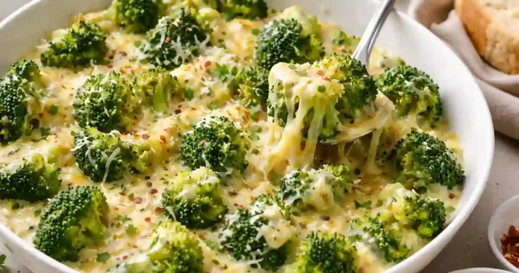 Bright green broccoli florets in a white baking dish smothered in melted, gooey cheese and sprinkled with grated Parmesan and red pepper flakes; a spoon lifts a cheesy bite