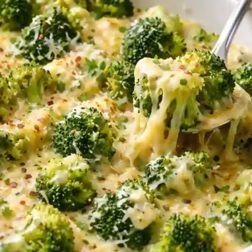 Bright green broccoli florets in a white baking dish smothered in melted, gooey cheese and sprinkled with grated Parmesan and red pepper flakes; a spoon lifts a cheesy bite
