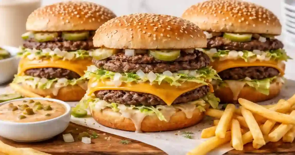Three large double-decker cheeseburgers on sesame seed buns with shredded lettuce, onions, pickles, and melted cheese, served with golden french fries and a side bowl of Big Mac sauce.