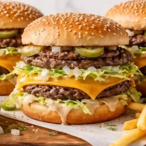Three large double-decker cheeseburgers on sesame seed buns with shredded lettuce, onions, pickles, and melted cheese, served with golden french fries and a side bowl of Big Mac sauce.