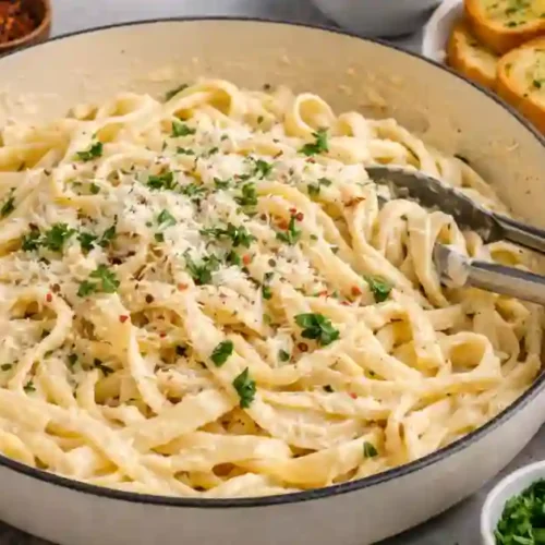 A large white ceramic skillet filled with creamy fettuccine alfredo topped with freshly grated parmesan, chopped parsley, and red pepper flakes. Served with toasted garlic bread, a block of parmesan cheese, and garlic cloves in the background.