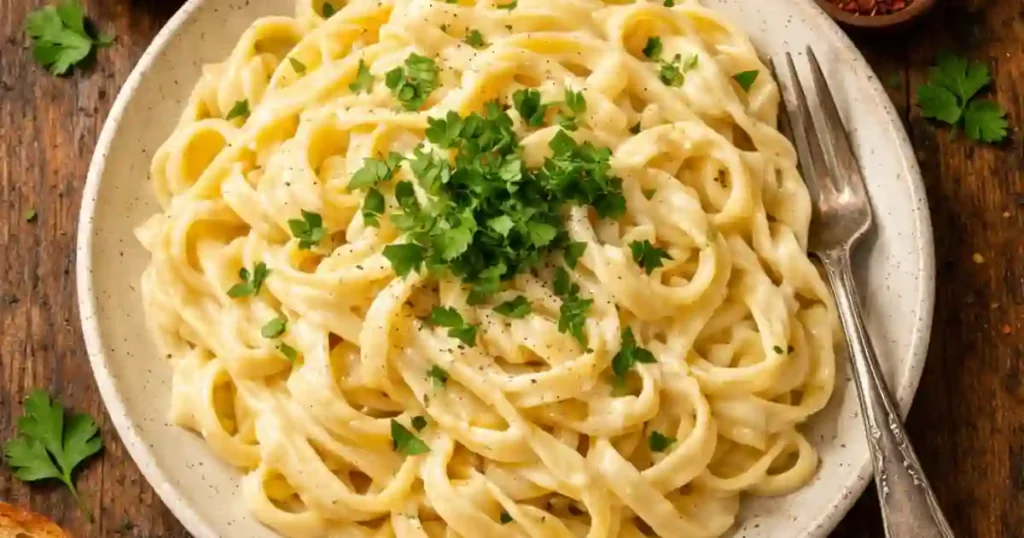 A top-down view of a speckled white plate filled with swirled fettuccine pasta in a thick, creamy white sauce. The dish is heavily garnished with fresh chopped green parsley and cracked black pepper, set on a dark wooden table next to a silver fork.