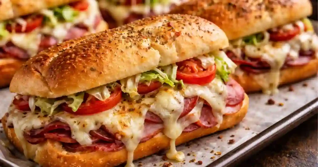 Golden-brown baked Italian sub sandwiches on a sheet pan, filled with ham, salami, and melted cheese, topped with pepperoni, tomato slices, and shredded lettuce peeking out from the crusty rolls.