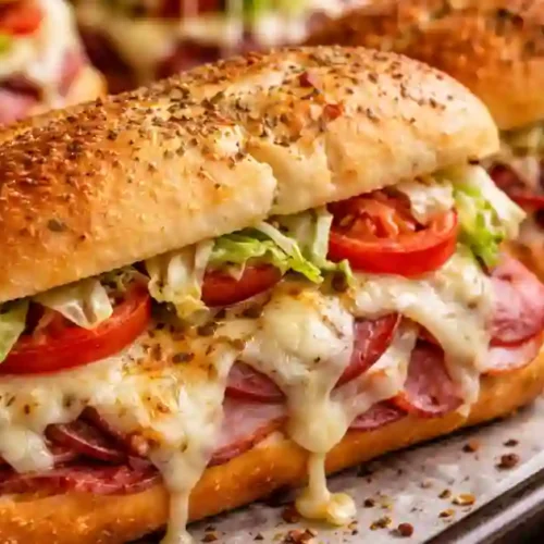 Golden-brown baked Italian sub sandwiches on a sheet pan, filled with ham, salami, and melted cheese, topped with pepperoni, tomato slices, and shredded lettuce peeking out from the crusty rolls.