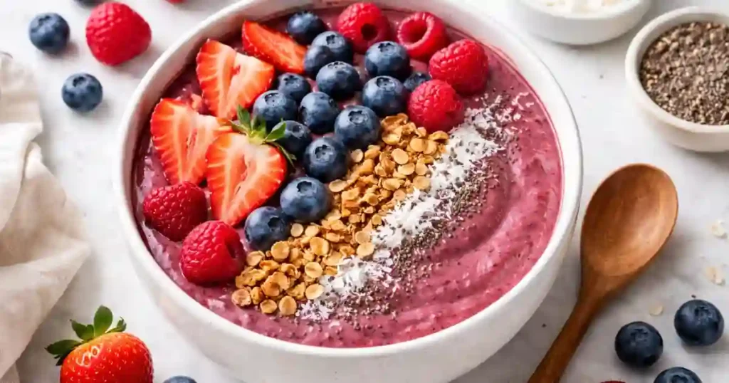 A top-down, slightly angled view of a thick purple berry smoothie bowl in a white ceramic dish. The bowl is topped with neat rows of sliced strawberries, fresh blueberries, raspberries, crunchy granola, shredded coconut, and chia seeds. A wooden spoon rests beside the bowl on a white marble surface.
