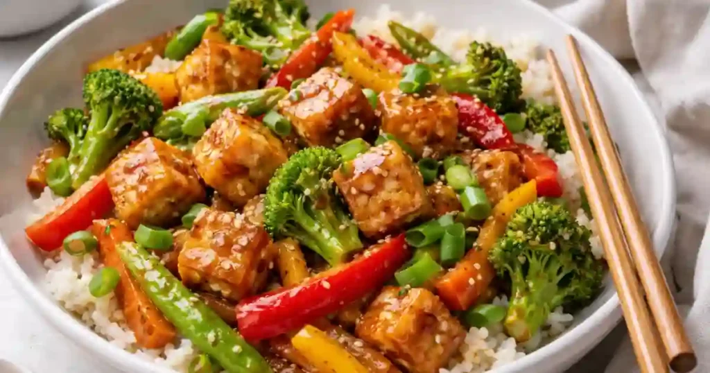 A white bowl filled with a colorful tofu stir fry served over a bed of white rice. The dish features golden-brown crispy tofu cubes, broccoli florets, sliced red and yellow bell peppers, and snap peas, all coated in a glossy sauce and garnished with sesame seeds and chopped green onions. Wooden chopsticks rest on the edge of the bowl.