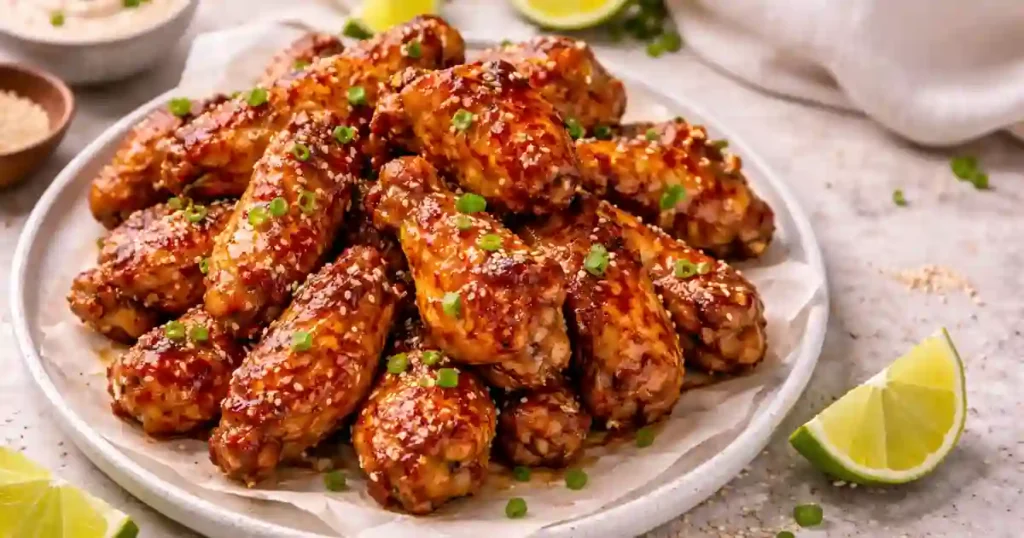 A large platter piled high with golden-brown chicken wings coated in a glossy, sticky honey glaze. The wings are garnished with white sesame seeds and sliced green onions, served with fresh lime wedges on a light grey textured surface.