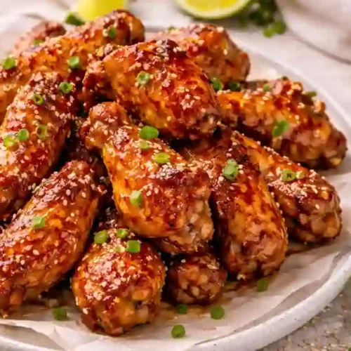 A large platter piled high with golden-brown chicken wings coated in a glossy, sticky honey glaze. The wings are garnished with white sesame seeds and sliced green onions, served with fresh lime wedges on a light grey textured surface.