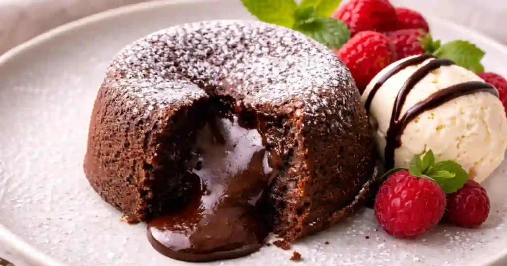 A close-up of a warm molten chocolate lava cake on a white plate, with its gooey chocolate center flowing out. The cake is dusted with powdered sugar and served with a scoop of vanilla ice cream drizzled with chocolate syrup, fresh raspberries, and a mint leaf garnish.