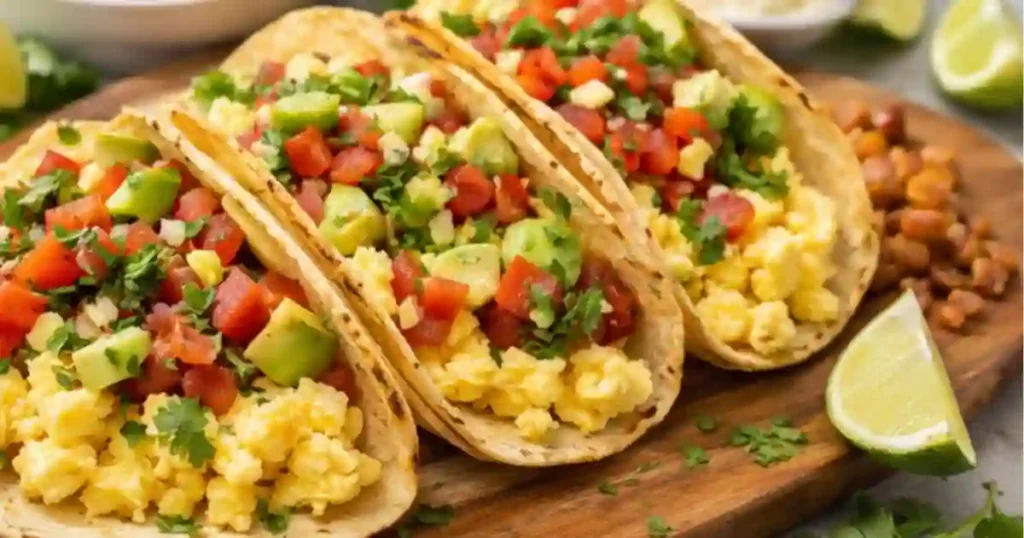 Three warm corn tortillas filled with fluffy scrambled eggs, topped with diced tomatoes, fresh avocado chunks, and chopped cilantro. The tacos are arranged on a wooden serving board with lime wedges and a side of beans in the background.