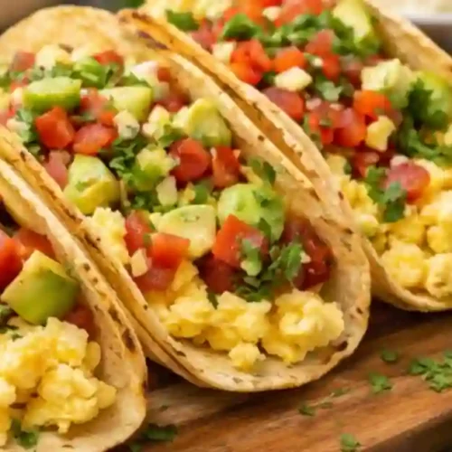 Three warm corn tortillas filled with fluffy scrambled eggs, topped with diced tomatoes, fresh avocado chunks, and chopped cilantro. The tacos are arranged on a wooden serving board with lime wedges and a side of beans in the background.