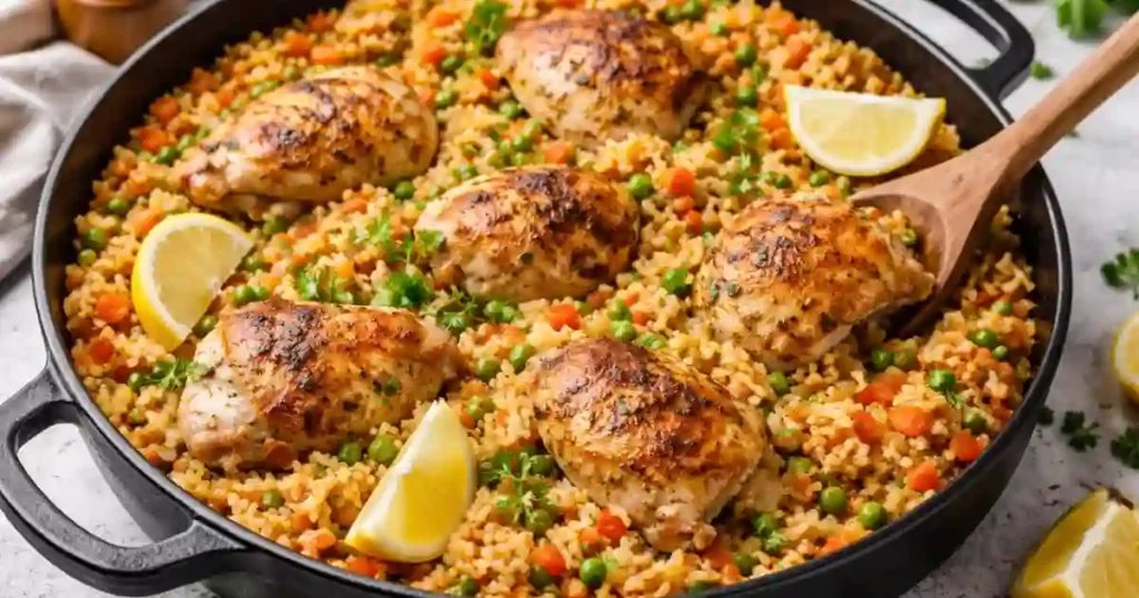 A top-down view of a large white ceramic Dutch oven filled with fluffy yellow seasoned rice, tender pieces of cooked chicken, bright green peas, and diced orange carrots. Fresh chopped parsley is garnished over the top, and a metal serving spoon is scooping a portion of the meal.