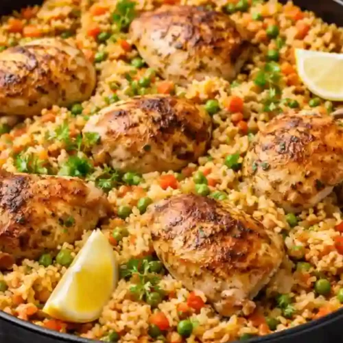 A top-down view of a large white ceramic Dutch oven filled with fluffy yellow seasoned rice, tender pieces of cooked chicken, bright green peas, and diced orange carrots. Fresh chopped parsley is garnished over the top, and a metal serving spoon is scooping a portion of the meal.