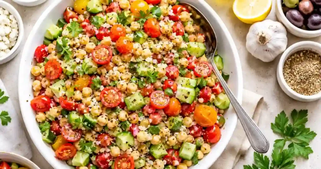 A large white bowl filled with a colorful chickpea salad. The salad features cooked chickpeas, halved cherry tomatoes, diced cucumbers, and fresh parsley, all tossed in a light herb dressing. A silver serving spoon is in the bowl, and small side dishes of feta cheese, kalamata olives, whole garlic, and dried oregano are visible on a light-colored stone surface.