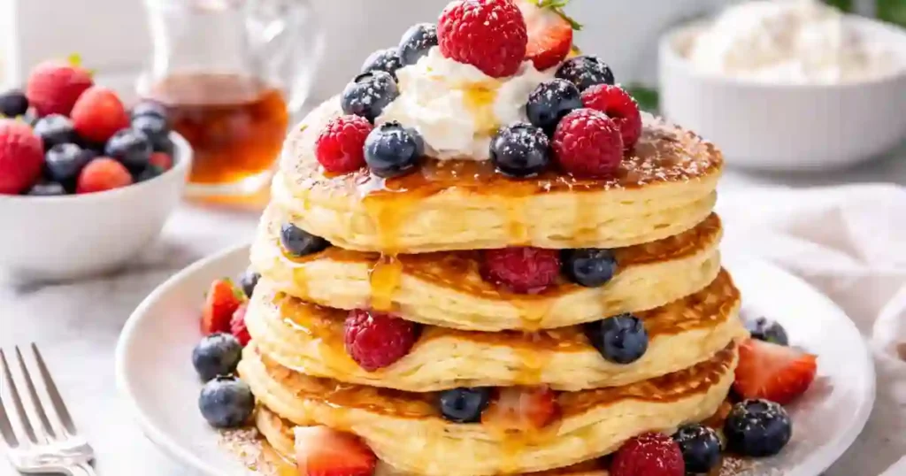 A vertical stack of three thick, ultra-fluffy souffle-style pancakes topped with a dollop of whipped cream and fresh mixed berries. The pancakes are garnished with strawberries, blueberries, and raspberries, then finished with a drizzle of maple syrup and a dusting of powdered sugar on a light-colored plate.