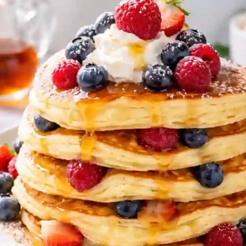 A vertical stack of three thick, ultra-fluffy souffle-style pancakes topped with a dollop of whipped cream and fresh mixed berries. The pancakes are garnished with strawberries, blueberries, and raspberries, then finished with a drizzle of maple syrup and a dusting of powdered sugar on a light-colored plate.