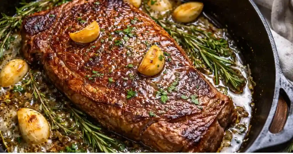 A close-up shot of a thick, juicy steak being pan-seared in a black cast-iron skillet. The steak has a rich, golden-brown crust and is topped with fresh herbs and melted butter. Whole garlic cloves and sprigs of fresh rosemary are sizzling in the pan alongside the meat.