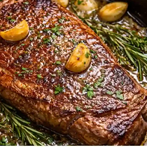 A close-up shot of a thick, juicy steak being pan-seared in a black cast-iron skillet. The steak has a rich, golden-brown crust and is topped with fresh herbs and melted butter. Whole garlic cloves and sprigs of fresh rosemary are sizzling in the pan alongside the meat.