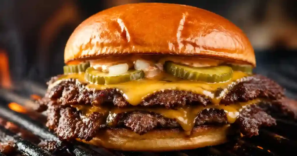 A close-up of a double smashed cheeseburger on a grill. The burger features two thin beef patties with jagged, crispy edges, topped with melted yellow cheese, crinkle-cut pickles, diced white onions, and a creamy sauce inside a toasted brioche bun. Flames from the grill are visible in the blurred background.