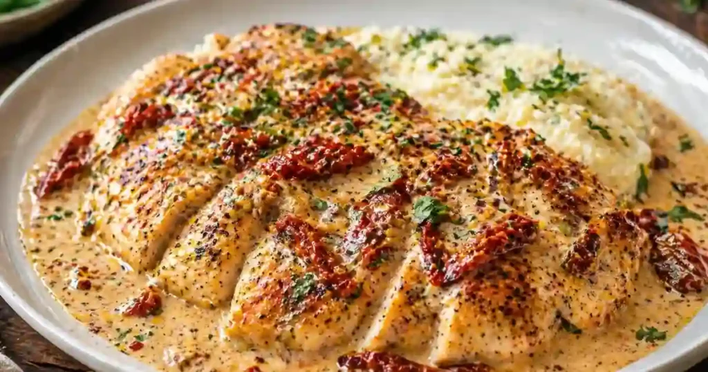 A white dinner plate featuring a sliced, pan-seared chicken breast smothered in a creamy sun-dried tomato sauce. The chicken is served alongside a neat portion of fluffy white rice and garnished with fresh green basil and a sprinkle of red pepper flakes.