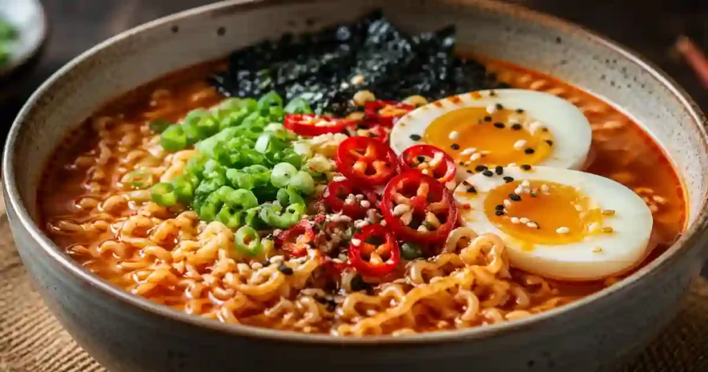 A steaming bowl of ramen noodles in a deep red spicy broth. The bowl is topped with two soft-boiled egg halves with jammy yolks, fresh green bok choy, sliced green onions, red chili flakes, and a drizzle of chili oil. A pair of wooden chopsticks is lifting a swirl of wavy noodles from the bowl, set on a dark textured surface.