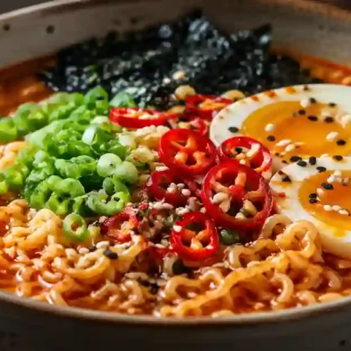A steaming bowl of ramen noodles in a deep red spicy broth. The bowl is topped with two soft-boiled egg halves with jammy yolks, fresh green bok choy, sliced green onions, red chili flakes, and a drizzle of chili oil. A pair of wooden chopsticks is lifting a swirl of wavy noodles from the bowl, set on a dark textured surface.