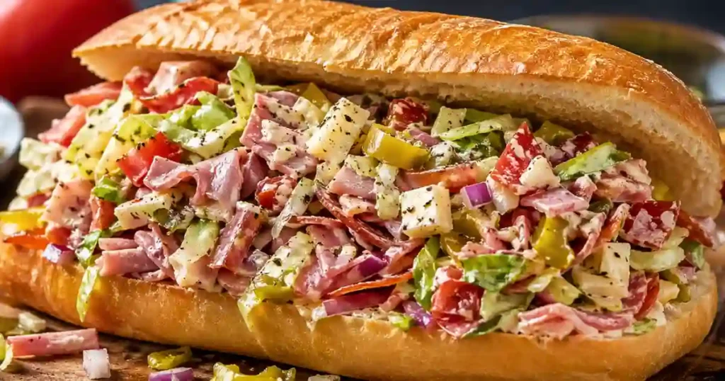 A close-up, side-angle view of a chopped Italian sandwich on a toasted hoagie roll. The filling consists of finely diced salami, ham, provolone cheese, lettuce, tomatoes, red onions, and banana peppers, all tossed in a creamy herb dressing. The sandwich is overflowing from a golden-brown crusty bun.