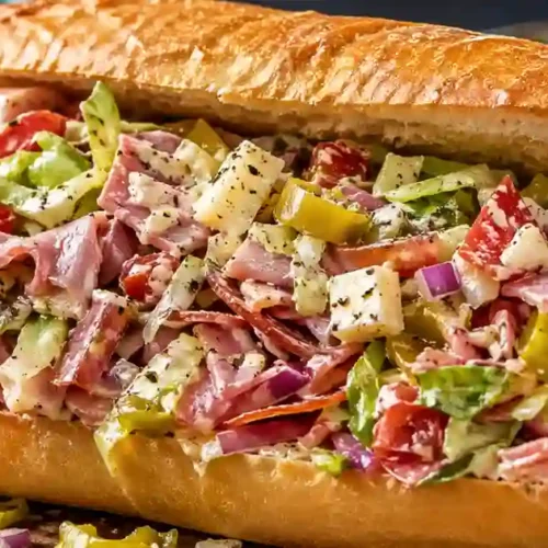A close-up, side-angle view of a chopped Italian sandwich on a toasted hoagie roll. The filling consists of finely diced salami, ham, provolone cheese, lettuce, tomatoes, red onions, and banana peppers, all tossed in a creamy herb dressing. The sandwich is overflowing from a golden-brown crusty bun.